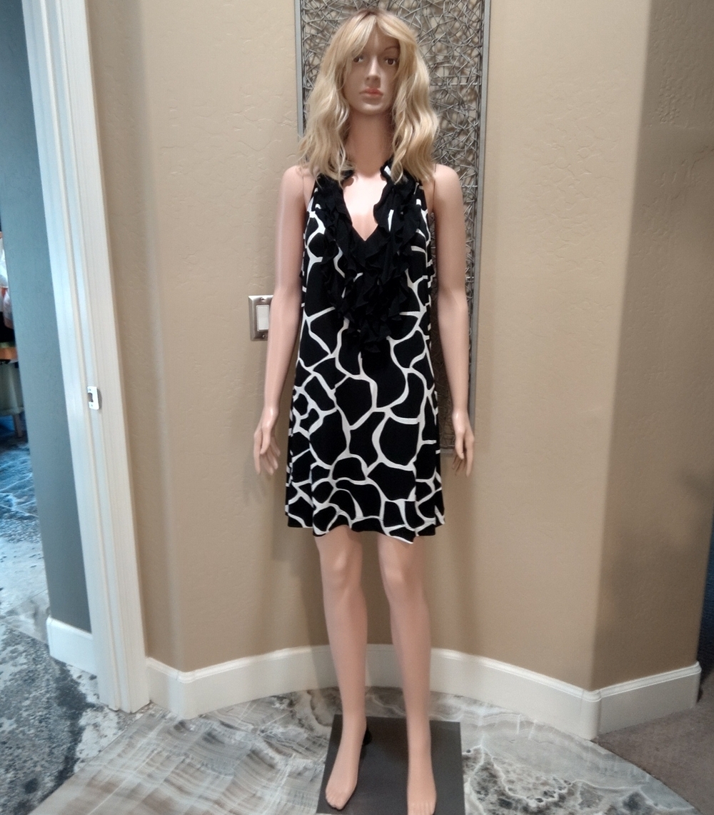 White House Black Market Signature Knits Black & White Ruffle V-neck Mini Dress